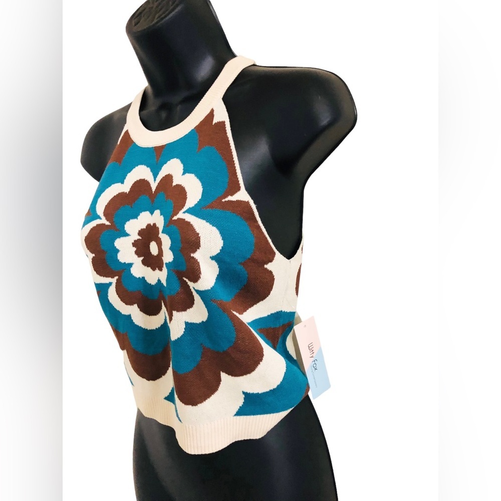 Cream Blue brown floral sweater‎ knit mock neck crop halter sweater size large